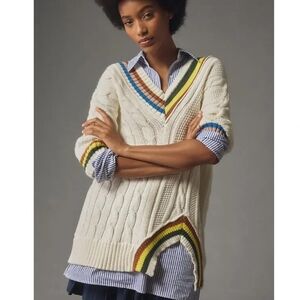 NWOT Maeve Anthropology V-Neck Sweater Colorful Trim Fake Undershirt, M
